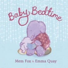 Book Cover: Light blue background with title written in script on top in purple; center is a pastel drawing ofbig purple elephant holding baby elepnant on its lap and reading a story