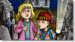 cartoon: two 8-yr old girls in a cemetary at night, with a flashlight.  One wearing a red cap is shhhh-ing her friend