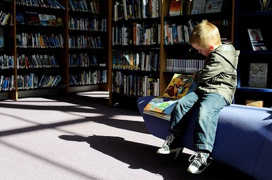 catmichaelswriter.com: Picture of a young boy sitting on a bench reading a book in a library