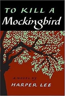 Book Cover of To Kill a Mockingbird: red background against a big tree with green leaves; Title emblazoned on top third against black bar