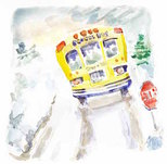 picture of school bus on a snowy road; using videos for book trailers ~ catmichaelswriter.com
