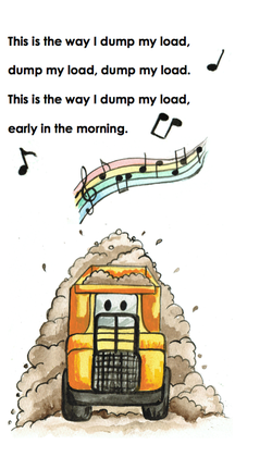 Picture: drawing of a yellow dump truck, with words to a song and musical notes floating above it.