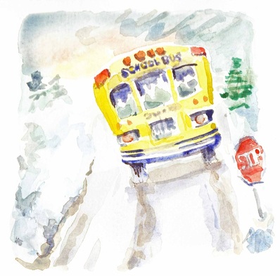 watecolor drawing: school bus eases down snow-covered, icy rural road ~ www.catmichaelswriter.com