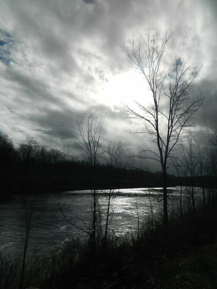 winter scene of a river and bare trees along its bank, white ripples in the current; large shot of dark sky with approahing storm clouds; picture backlist so river and trees dark and foreboding