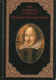 black book with painting of Shakespeare, titled Complete Works of Wm. shakespeare